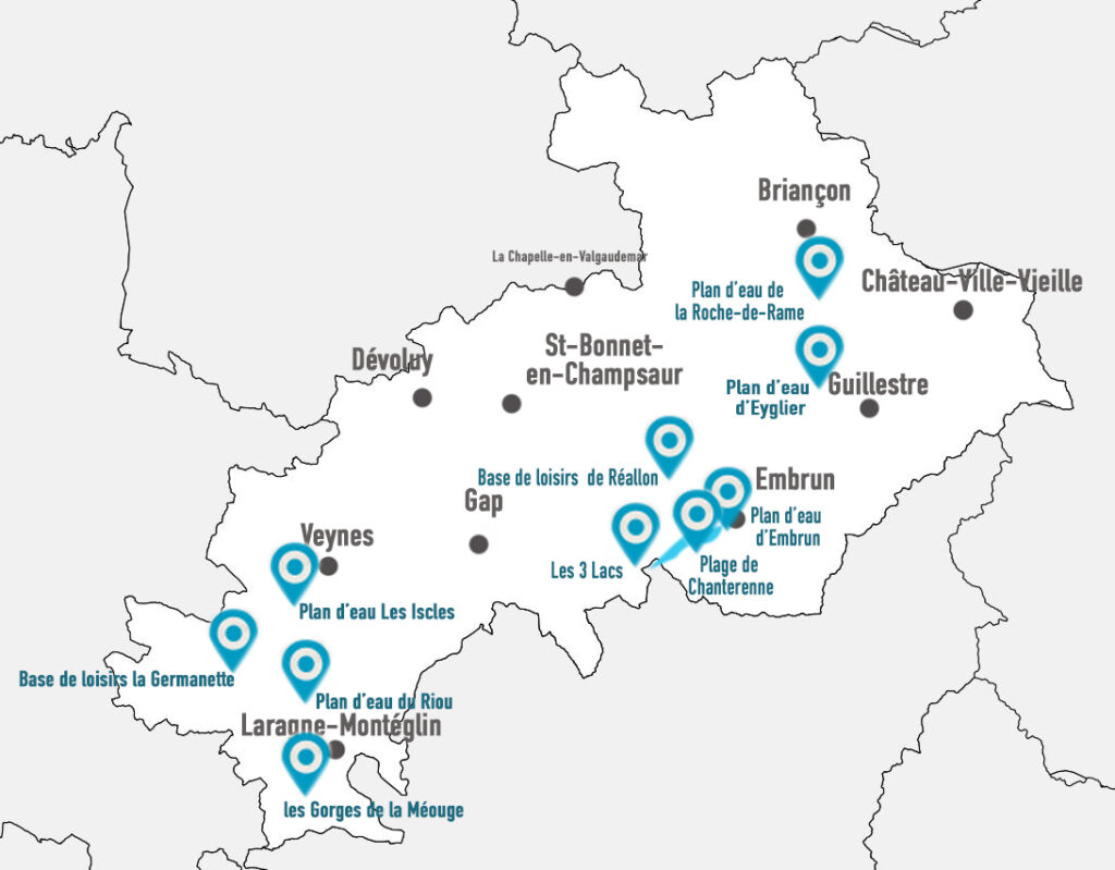 Carte des plans d'eau où se baigner dans les Hautes Alpes